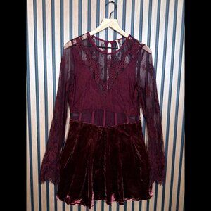 Free People Dress Medium Womens Red Burgundy Sheer Long Sleeve Velvet Corset Mar